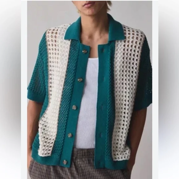 Urban Outfitters Unisex Teal & Cream Crochet Cardigan Size Medium Retro Style - Picture 1 of 14